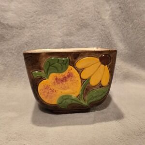 Vintage Embossed Peach Daisy Ceramic Square Bowl Brown Rustic Kitchen Decor